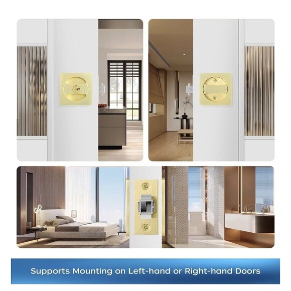 Leydebong Pack of 2 Gold Pocket Door Lock with Keys Square Pocket Door Hardware - Picture 8 of 16